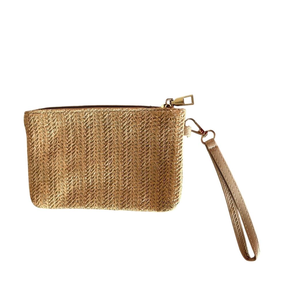 Woven Faux Straw Wristlet Clutch Zip Pouch Purse Tan Detachable Strap summer
